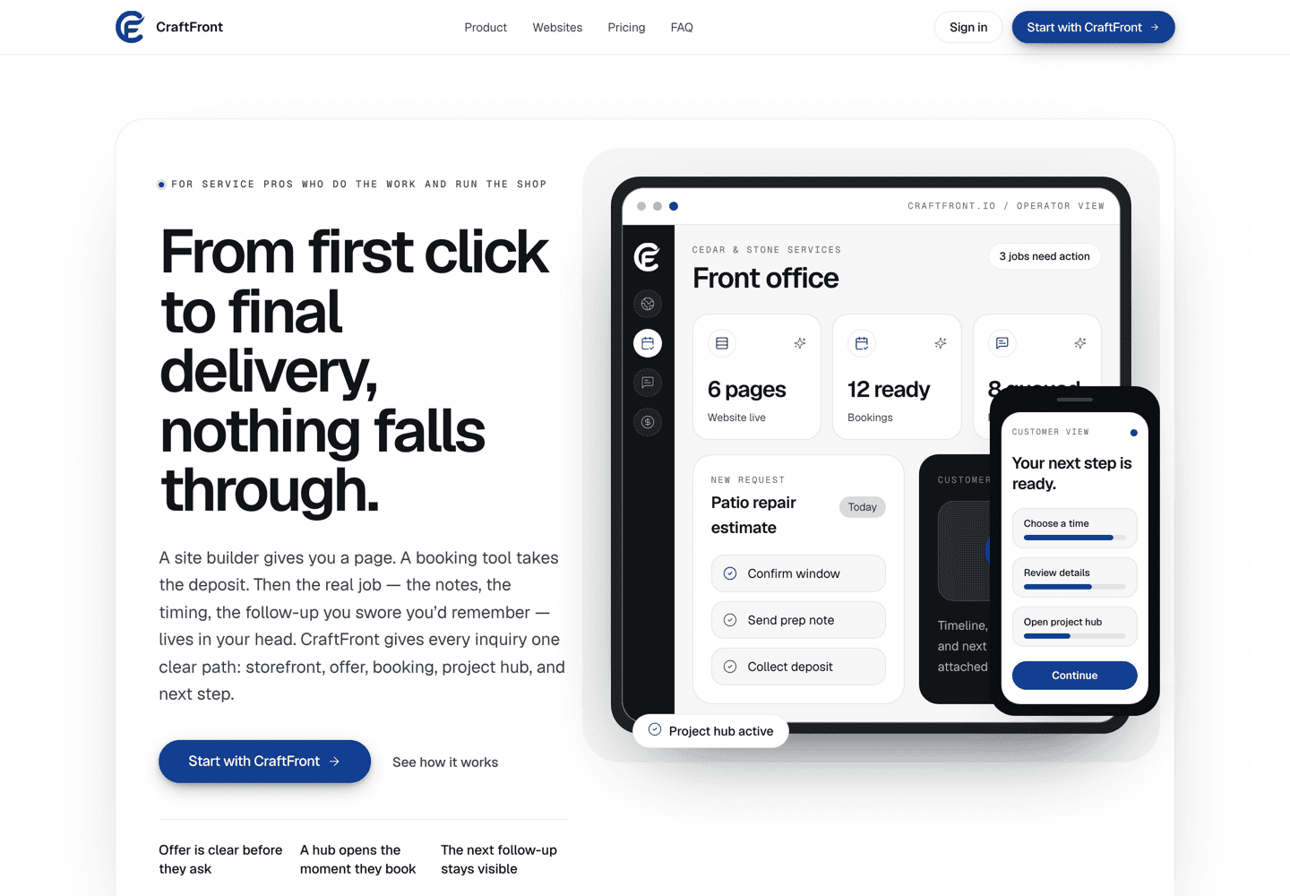 CraftFront product page beside an operator dashboard for bookings, project requests, and customer next steps.