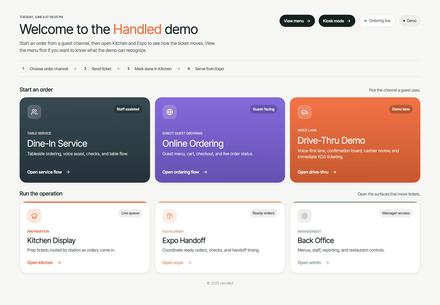 Handled restaurant demo with dine-in, online ordering, drive-thru, kitchen, expo, and back-office surfaces.